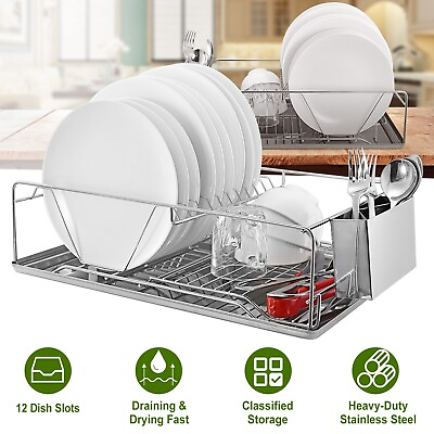#ad Stainless Steel Dish Drying Rack Cutlery Storage Holder Organizer Drainer Tray $41.76