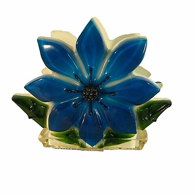 #ad Vintage Mid Century Modern Dark Blue Green Flower Lucite Napkin Letter Holder $21.21