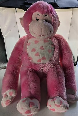 #ad Build A Bear Pink Monkey Plush Stuffed Animal Hearts Cute Face Curly Long Tail $9.99