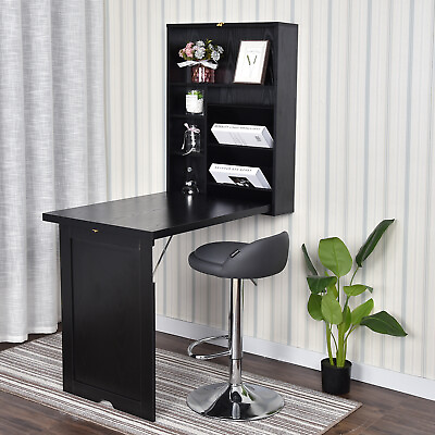 #ad Floating Computer Desk Wall Mount Writing Table Foldable Cabinet Storage Shelves $110.39