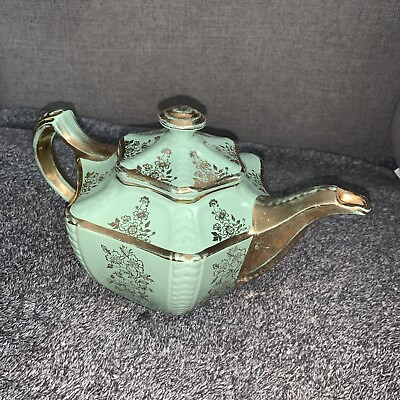 #ad Vintage Hall Teapot Green Gold Flowers Victorian Hexagon w Lid 6quot; $25.00