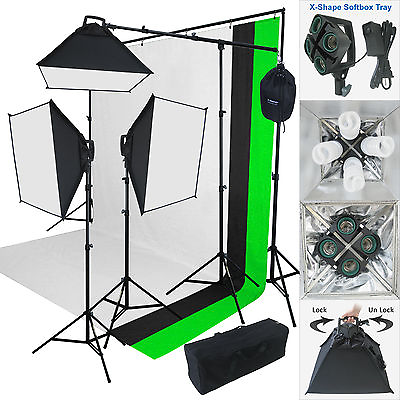 #ad 2000 Watt Photo Studio Lighting Kit With 3 Color Muslin Backdrop Stand AM077 $249.99