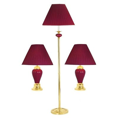 #ad Set Of Three 64quot; Gold Ceramic Bedside Floor and Table Lamp Set With Red Empire $235.31