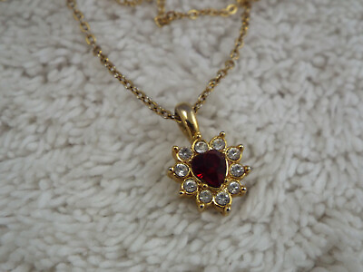 #ad Goldtone Red Rhinestone Heart Pendant Necklace B34 $4.06