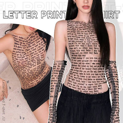 #ad See Through Mesh Tank Tops Letter Printted T shirt Street Slim Top Women $10.93