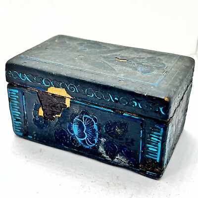 #ad Antique Chinese 1800 1900’s Wooden Small Trinket Box Painted Black amp; Blue Old $29.95