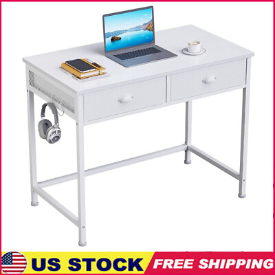 #ad Small Computer Desk W 2 Fabric Drawers Hooks Simple Home Office Writing White $86.44