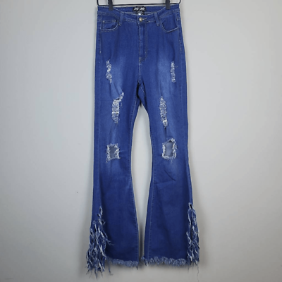 #ad JC amp; JQ Estilo Womens XL High Rise Jeans Flare Distressed Fringe Frayed Stretch $19.54