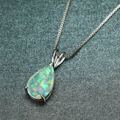 #ad White Opal Stone Pendant Minimalist Droplet Fire Opal Necklace Sterling Silver $15.72