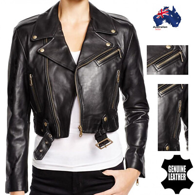 #ad Women Leather Jacket Belted Black Cropped Genuine Leather Jacket Short jacket AU $364.99