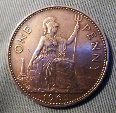#ad 1965 one penny coin QUEEN ELIZABETH II slight wear Polished GBP 1.10