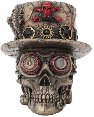 #ad Cold Cast Bronze Steampunk Crossbones Top Hat Motor Skull Halloween Décor $34.94