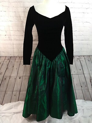 #ad VINTAGE black velvet metallic green LORALIE taffeta 1980#x27;s PROM DRESS 6 fits 4 $86.99
