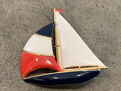 #ad Vintage Nautical Sailboat Brooch Red White Blue Enameled Gold Tone Pin $18.90
