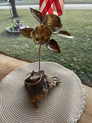 #ad Vintage MCM Natural Wood Metal Sculpture Brass Flowers Home Table Decor Retro $52.00