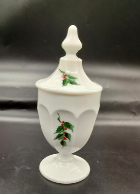 #ad VTG Westmoreland Milk Glass Hand Painted Holly amp; Berry Compote Candy Dish $16.99