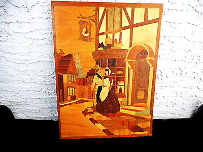 #ad Vintage Hand Colored Heavy Marquetry Scenic ArtworkVictorian Couple $110.00