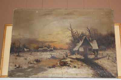 #ad Antique North Dakota Folk Art Painting Winter Farm Scene 1890 $190.35