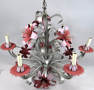 #ad Vtg Ceiling Light Fixture Chandelier Italy Cottagecore Sculpted Metal Pink Retro $299.99