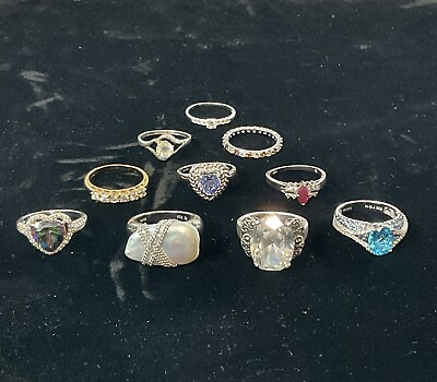 #ad Lot of 10 925 Sterling Silver and Gemstone Cocktail Rings Sizes 8 9 45.5 g $150.00