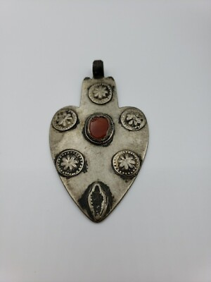 #ad Antique Turkmen Asyk Amulet Metal Pendant Orange Glass Medallion 8.5cm Spade $120.00