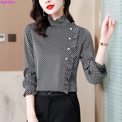 #ad Elegant Women Retro Polka Dot Ruffle Button Business Workwear Tops Blouse Shirt $23.37