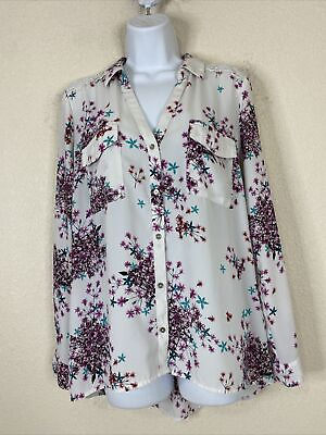 #ad Candie#x27;s Womens Size L White Purple Floral Pocket Button Up Shirt Long Sleeve $6.80