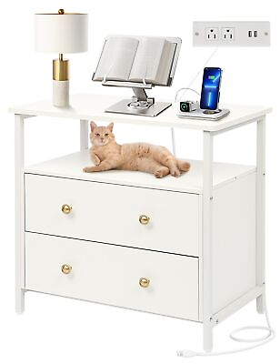 #ad 27 inch Wide Nightstand with Charging Station Bedside Table with Open Shelf... $175.31