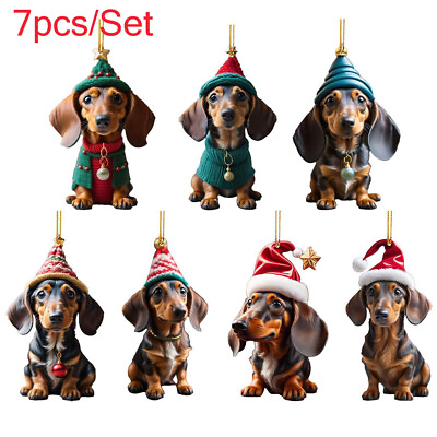 #ad 7Pcs Merry Christmas Dachshund Pendant Ornament Xmas Tree Dog Hanging Decoration $10.99