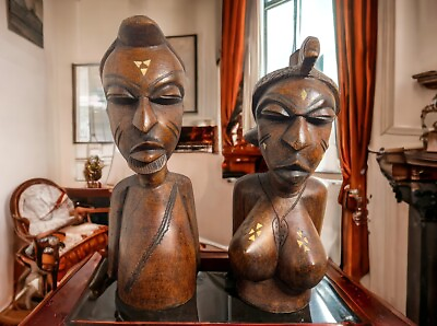 #ad Vintage Pair Wooden Man Woman Tribal African Inlaid Wood Carved Bust 14” $195.00