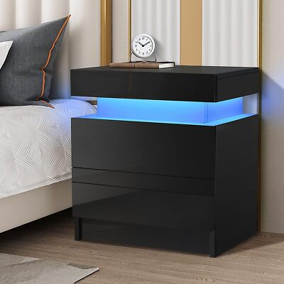 #ad LED Nightstand Bed Side Table Night Stand 2 High Gloss Drawers Bedroom Black $75.99