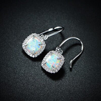 #ad 18K White Gold Plated Square Opal Earrings With CZ Accents By Peermont Jewelry $7.99