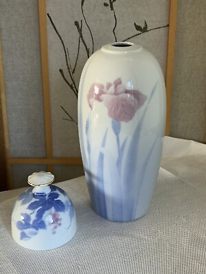 #ad Fukagawa Vase Handpainted Porcelain Arita Blue W Pink Iris amp; Complimentary Bell $39.99