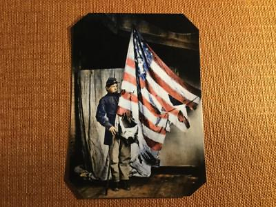 #ad Civil War soldier holding of flag Historical tinted tintype C1231RP $14.99