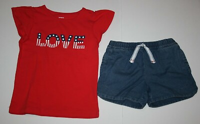 #ad New Carter#x27;s 4T Girls 2 Piece Outfit Set Red Top amp; Denim Blue Jean Shorts LOVE $17.50