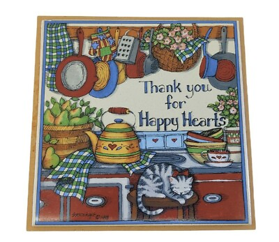 #ad VTG Ceramic Trivet Wall Hanging Thank You for Happy Hearts Cute Cat Signed 1998 $27.18