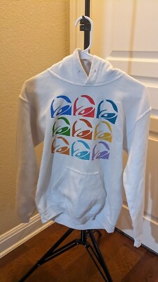 #ad Taco Bell White Hoodie Sweatshirt Pockets Colorful Size Small $20.00