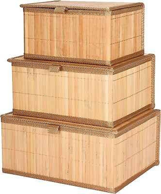 #ad Bamboo Decorative Storage Boxes With Lids Nesting Rectangular Box for Organizati $31.99