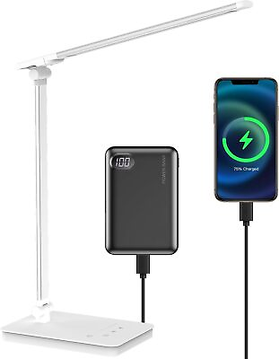 #ad Desk Lamp Eye Caring LED Table Dimmable Bedside with 2 USB White $34.43
