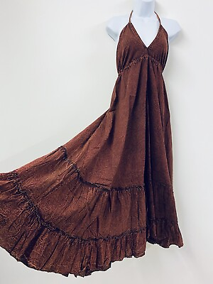 #ad Cotton Dress Long Burgundy Boho Vintage Gypsy Maxi Summer Indian One Size Brown GBP 29.75