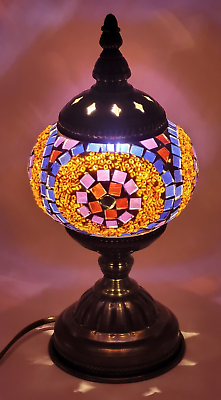 #ad Turkish Moroccan Lamp w Bronze Base Tiffany Mosaic Glass Bedside Lamp Corded $34.95