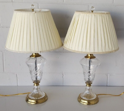 #ad DALE TIFFANY CUT CRYSTAL amp; BRASS TABLE LAMPS PAIR w ORIGINAL SHADES amp; FINIALS $195.00