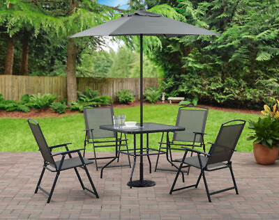 #ad OUTDOOR CHAIRS TABLE SET Patio Dining 6 Piece Umbrella 4 Chairs Gray $138.16