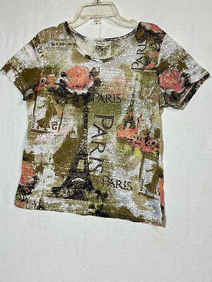 #ad Paris Ladies#x27; T shirt S M pink brown floral Eiffel Tower Floral print short slv $20.00