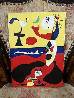 #ad Joan Miró Amazing Oil Canvas Painting Surrealism Style Signed With Label $219.00