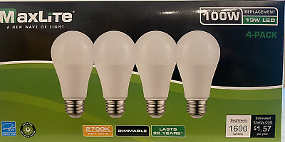 #ad MaxLite E15A19D50 4P A19 100W Soft white 2700K Dimmable LED Bulbs 4 Pack B $11.99
