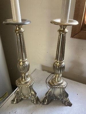 #ad Vintage Traditional Pair Heavy Brass Column Lamps Ornate Bases 40”T need Shade $195.00