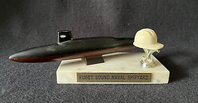 #ad VTG Puget Sound Naval Shipyard Marble Base Submarine Hardhat Award Desk Plate? $94.99