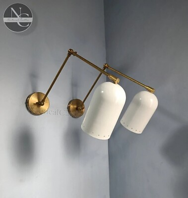 #ad Shiny White Brass Wall Sconce Pair Mid Century Italian Stilnovo Sconce Lighting $267.68