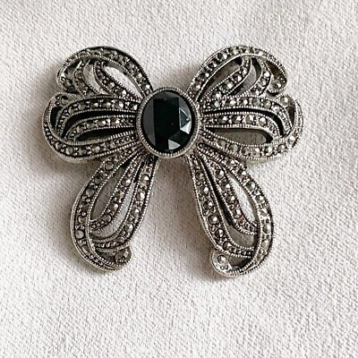 #ad 1928 Jewelry Co. Silver Tone Marcasite Black Crystal Victorian Bow Brooch 2quot; $28.35